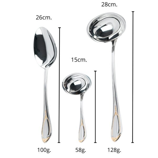 Juego de Servir Glamour  7000  (3 Piezas) Cazo Sopero, Cuchara de Servir y Cazo para Salsa, Acero Inoxidable con Detalles en Oro 23-24K, Apto para lavavajillas