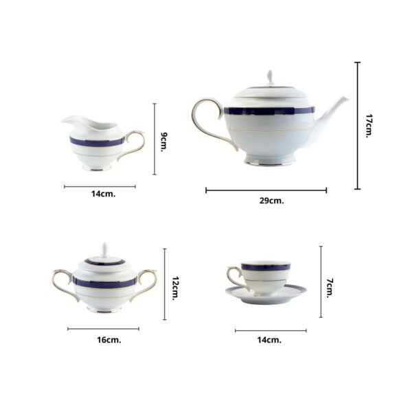 Juego de té de porcelana blanca con filo de oro y azul cobalto (27 piezas) Royal Blue, 12 tazas de té, 12 platillos para tazas, 1 tetera, 1 lechera, 1 azucarero