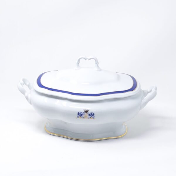 Sopera de porcelana blanca (4L) Duisburg, 1 tapa de porcelana, filo de oro, azul cobalto