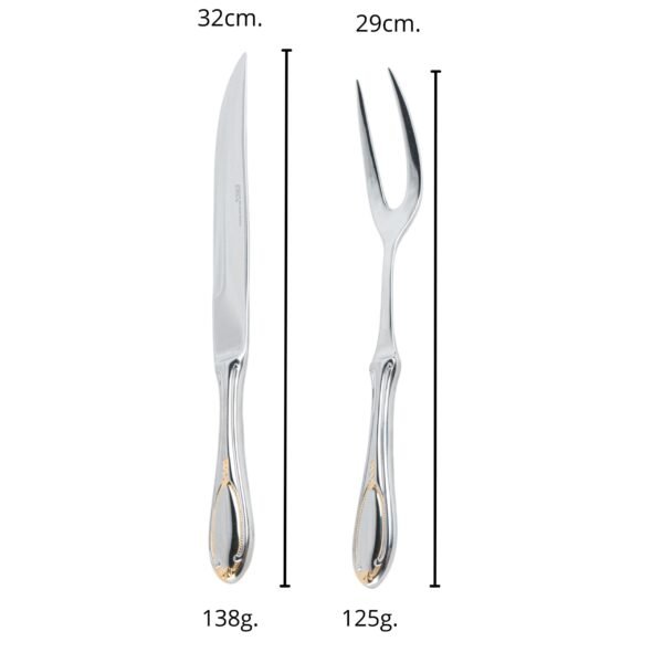 8-scaled-1.jpg Juego de Servir Carne y trinchar Glamour (2 Piezas) Cuchillo y Tenedor Trinchero, Acero Inoxidable con Detalles en Oro 23-24K, Apto para lavavajillas
