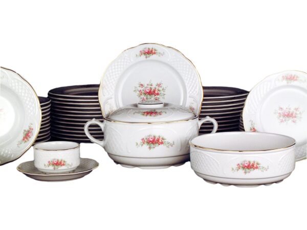 Vajilla Irina Bidasoa (56 piezas) en Porcelana Blanca con Relieve Floral y bordes Dorados