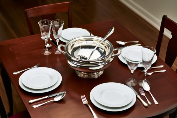 Juego de Servir Glamour  7000  (3 Piezas) Cazo Sopero, Cuchara de Servir y Cazo para Salsa, Acero Inoxidable con Detalles en Oro 23-24K, Apto para lavavajillas