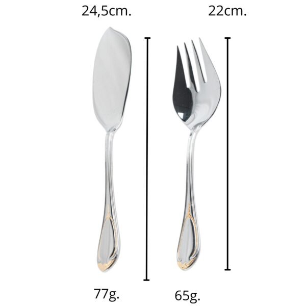 Juego de Servir Pescado Glamour 7000  (2 Piezas), Tenedor y Cuchillo de Pescado, Acero Inoxidable con Detalles en Oro 23-24K, Apto para lavavajillas