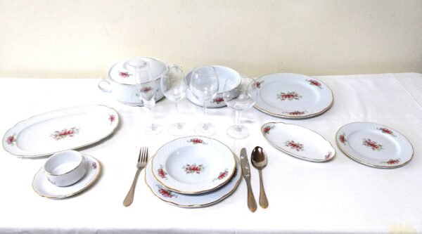 Vajilla Irina Bidasoa (56 piezas) en Porcelana Blanca con Relieve Floral y bordes Dorados