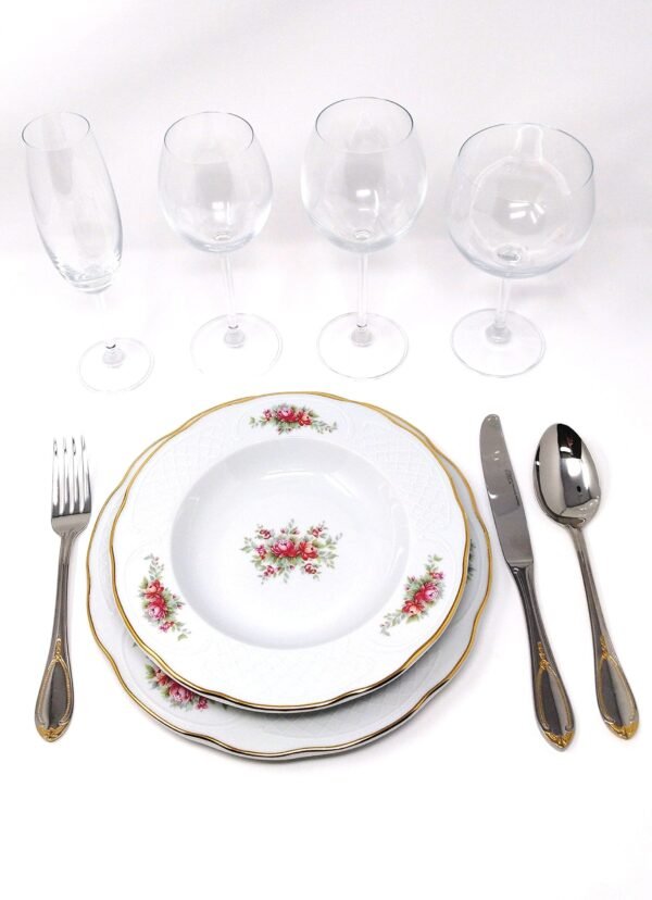 Vajilla Irina Bidasoa (56 piezas) en Porcelana Blanca con Relieve Floral y bordes Dorados