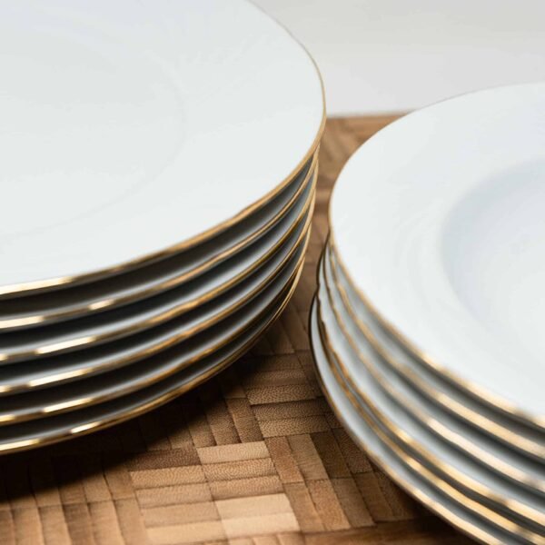 Juego de platos de porcelana blanca (12 piezas) Lubeck R con filo de oro, 6 platos llanos, 6 platos hondos