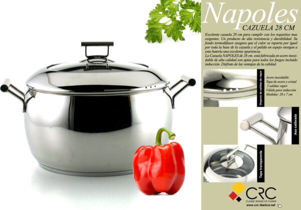 Cazuela Nápoles 28 cm con Tapa – Acero Inoxidable de Alta Calidad, Fondo Termodifusor Apto para Inducción, Diseño Profesional, Resistente y Duradero