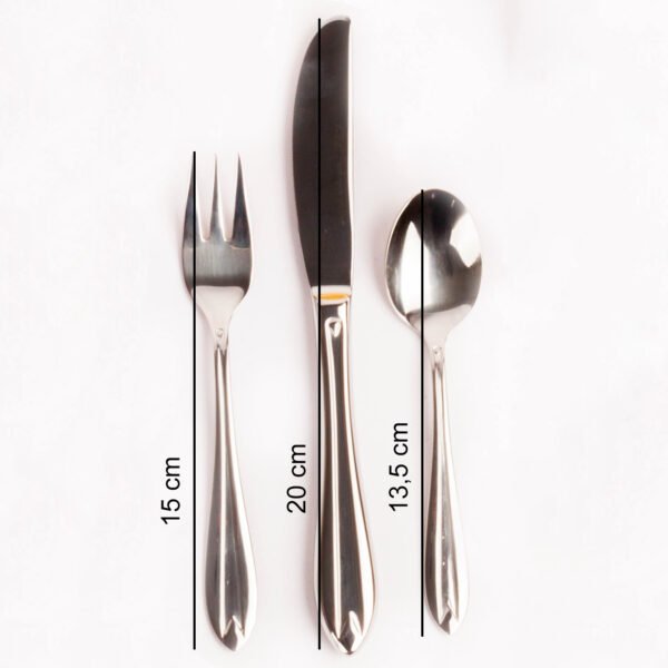 CuberteriaAmsterdam-cotas.jpg Juego de Cubiertos Postre (18 piezas) 6 Cucharas, 6 Tenedores y 6 Cuchillos Amsterdam 1235 Acero Inoxidable Pulido Espejo