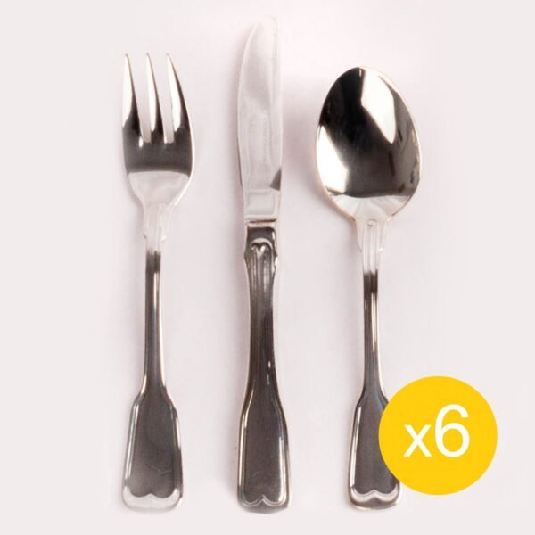 Juego de cubiertos de postre en acero inoxidable 18/10 monoblock pulidos con baño en plata (18 piezas) Bonn, 6 tenedores de postre, 6 cucharas de postre y 6 cuchillos de postre