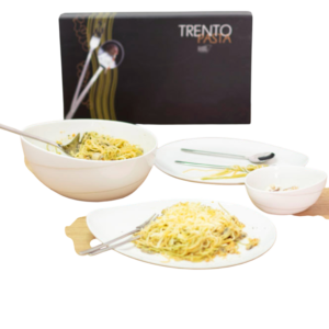 Set de Cubiertos para Pasta Trento (18 Piezas) Acero Inoxidable Pulido Espejo, 6 Tenedores, 6 Cucharas, 1 Cucharón, 2 Platos, 1 Ensaladera y 2 Boles