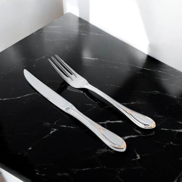 Cubiertos de Carne Glamour  7000  (12 Piezas) Acero Inoxidable con Detalles en Oro 23-24K, 6 Cuchillos + 6 Tenedores, Apto para lavavajillas