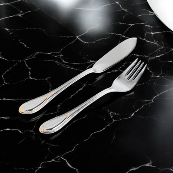 Cubertería de Pescado Glamour  7000  (12 Piezas) Acero Inoxidable con Detalles en Oro 23-24K, 6 Cuchillos y 6 Tenedores, Apta para lavavajillas