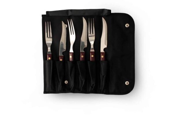 Juego de cuchillos chuleteros y tenedores para carne (6 Piezas) Timber Steel Cutlery, set de madera, 3 tenedores y 3 cuchillos