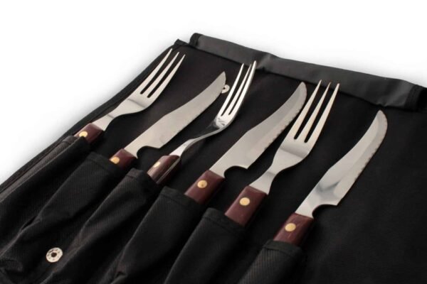 Juego de cuchillos chuleteros y tenedores para carne (6 Piezas) Timber Steel Cutlery, set de madera, 3 tenedores y 3 cuchillos