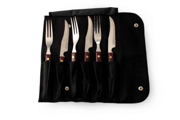 Juego de cuchillos chuleteros y tenedores para carne (6 Piezas) Timber Steel Cutlery, set de madera, 3 tenedores y 3 cuchillos