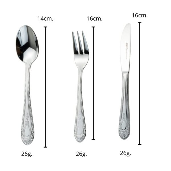 KOLN-1285-SS-DOC-POSTRE-PESOS-MEDIDAS.jpg 1285 ACERO POSTRE 6X3 18 piezas Cubertería de postre o merienda (6X3) 6 tenedores , 6 cucharas y 6 cuchillos de postre