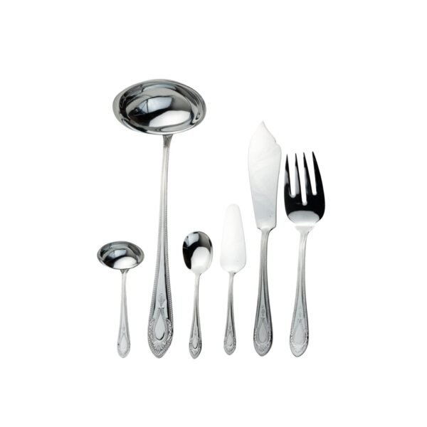 KOLN-1285-SS-DOC-SERVIR-2.jpg Juego de Piezas de Servir en Acero Inoxidable (6 Piezas), Cucharón, Cazo, Cuchara de Servir, Pala de Tarta, Cuchillo Pescado y Tenedor de Servir, Pulido Espejo, Apto Lavavajillas
