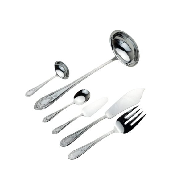 KOLN-1285-SS-DOC-SERVIR-3.jpg Juego de Piezas de Servir en Acero Inoxidable (6 Piezas), Cucharón, Cazo, Cuchara de Servir, Pala de Tarta, Cuchillo Pescado y Tenedor de Servir, Pulido Espejo, Apto Lavavajillas