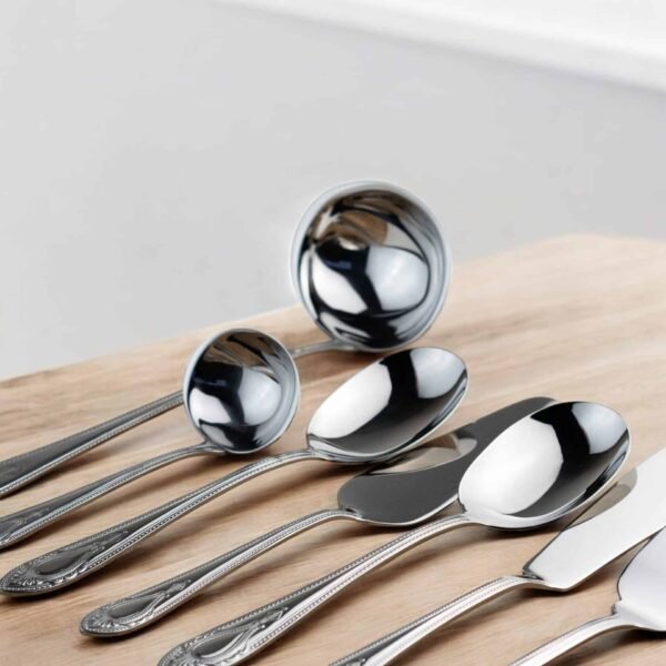 KOLN-1285-SS-DOC-SERVIR-FONDO-PARA-REDUCIR-REFLEJO-PARA-CAMBIO-DE-FONDOS-MESAS-.jpg Juego de Piezas de Servir en Acero Inoxidable (6 Piezas), Cucharón, Cazo, Cuchara de Servir, Pala de Tarta, Cuchillo Pescado y Tenedor de Servir, Pulido Espejo, Apto Lavavajillas