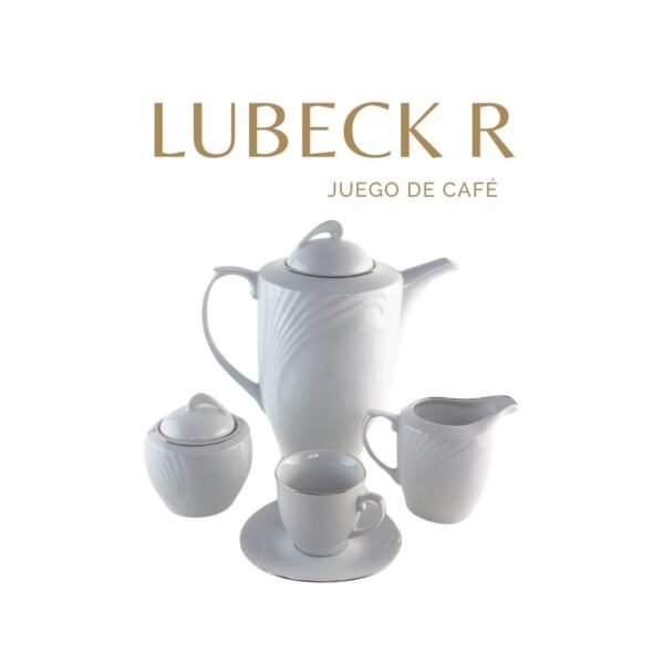 Juego Café o Té de porcelana blanca (27 piezas) Lubeck R con filo de oro, taza, plato, cafetera, azucarero y lechera