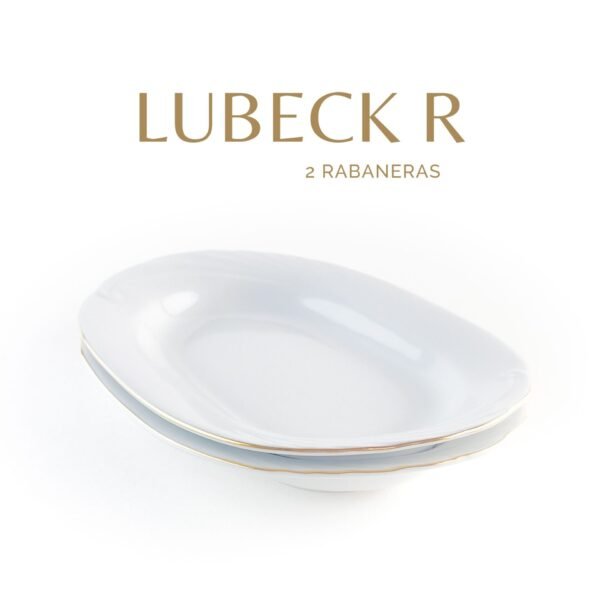 LUBECKR_RABANERAS_NOMBRE.jpg Juego de rabaneras de porcelana blanca (2 piezas) Lubeck R, con filo de oro