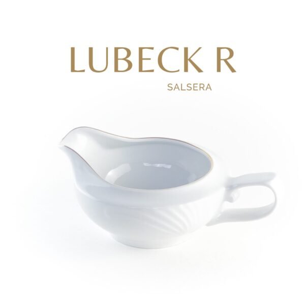 LUBECKR_SALSERA_NOMBRE.jpg Salsera de porcelana blanca Lubeck R, con filo de oro