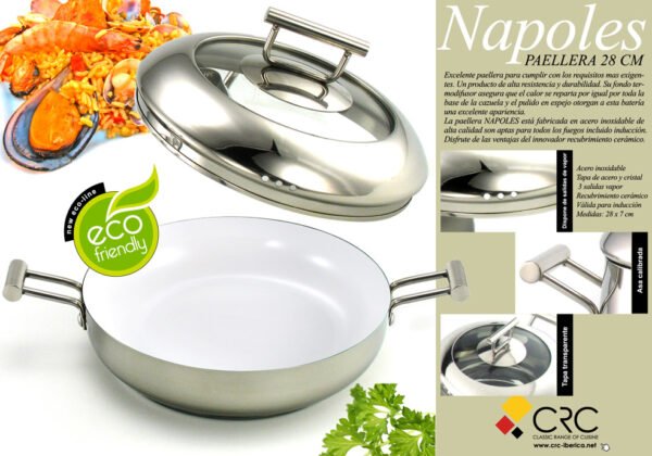 PAELLERA-NAPOLES.jpg Paellera Nápoles 28 cm con Tapa – Interior Cerámico Antiadherente | Acero Inoxidable Apto para Inducción y Lavavajillas | Alta Resistencia y Fondo Termodifusor – CRC Classic Range of Cuisine