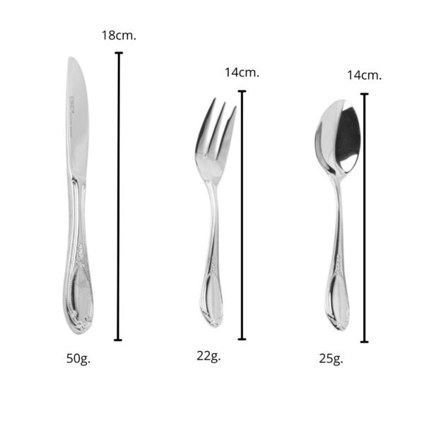 PESOS-MEDIDAS-1-1.jpg Juego de Postre Glamour 7000 (18 piezas) Acero Inoxidable, 6 Cucharas, 6 Tenedores, 6 Cuchillos, Apto para Lavavajillas