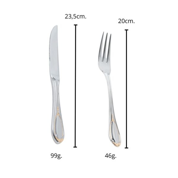 Cubiertos de Carne Glamour  7000  (12 Piezas) Acero Inoxidable con Detalles en Oro 23-24K, 6 Cuchillos + 6 Tenedores, Apto para lavavajillas