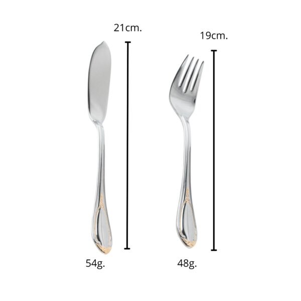 Cubertería de Pescado Glamour  7000  (12 Piezas) Acero Inoxidable con Detalles en Oro 23-24K, 6 Cuchillos y 6 Tenedores, Apta para lavavajillas