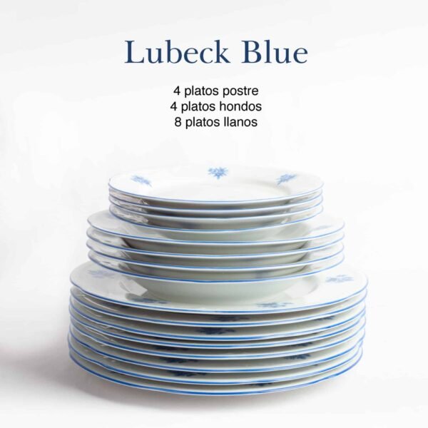 Juego de platos de porcelana blanca (16 piezas) Lubeck Blue, 8 platos llanos, 4 platos hondos, 4 platos de postre