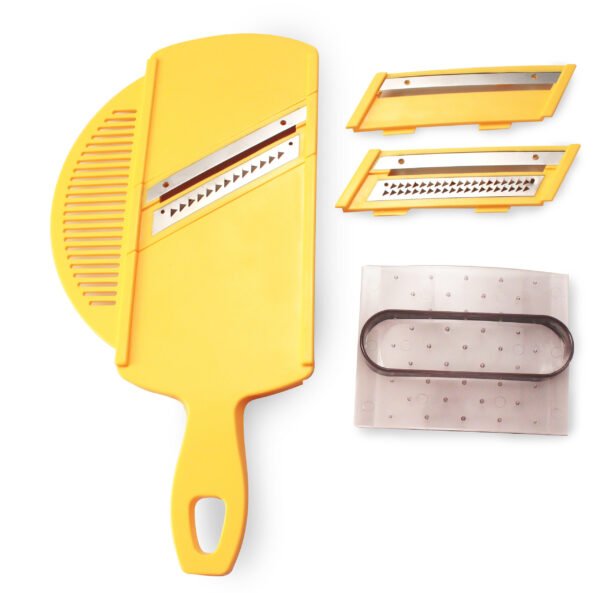 Rallador-profesional-circus-1-scaled-1.jpg CRC Rallador Mandolina Circus, 3 cuchillas intercambiables de acero inoxidable con lámina escurridora y protector de mano, 28 x 14 cm, amarillo