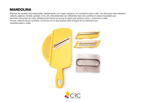 Rallador-profesional-circus-2-scaled-1.jpg CRC Rallador Mandolina Circus, 3 cuchillas intercambiables de acero inoxidable con lámina escurridora y protector de mano, 28 x 14 cm, amarillo