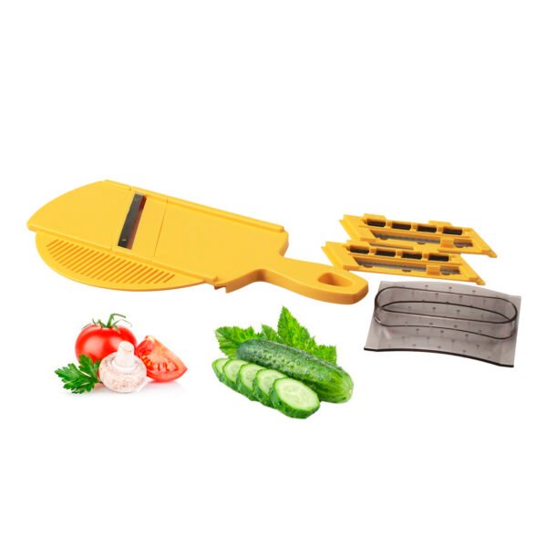 Rallador-profesional-circus-3.jpg CRC Rallador Mandolina Circus, 3 cuchillas intercambiables de acero inoxidable con lámina escurridora y protector de mano, 28 x 14 cm, amarillo