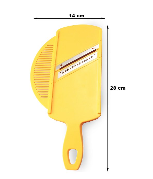 Rallador-profesional-circus-5.jpg CRC Rallador Mandolina Circus, 3 cuchillas intercambiables de acero inoxidable con lámina escurridora y protector de mano, 28 x 14 cm, amarillo