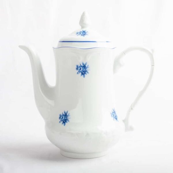 Juego Café o Té de porcelana blanca (27 piezas) Lubeck Blue12 tazas,12 platos, azucarero, cremera y cafetera