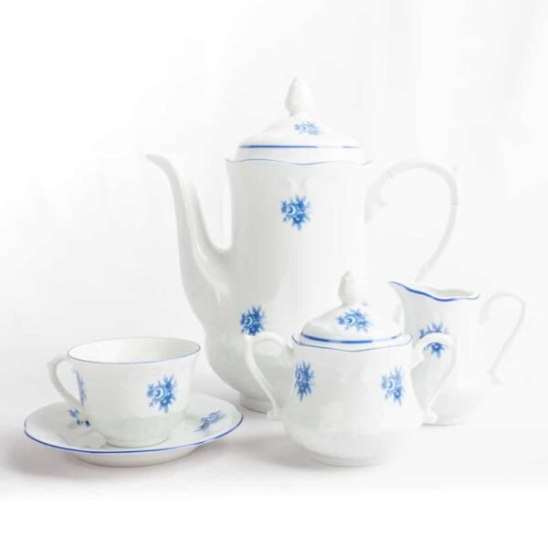 Juego Café o Té de porcelana blanca (27 piezas) Lubeck Blue12 tazas,12 platos, azucarero, cremera y cafetera