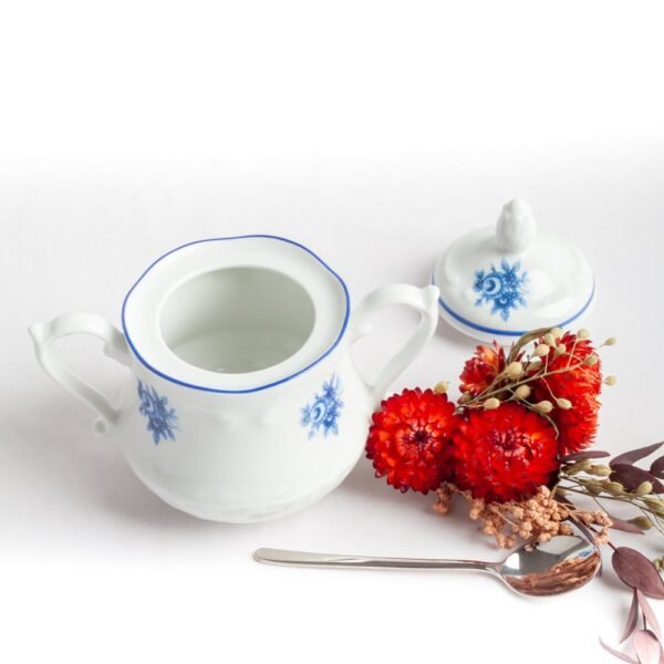 Juego Café o Té de porcelana blanca (27 piezas) Lubeck Blue12 tazas,12 platos, azucarero, cremera y cafetera