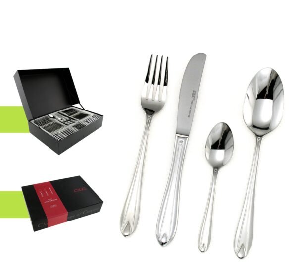 amsterdam-montaje.jpg Cubertería Amsterdam 1235 (75 Piezas) Acero Inoxidable, Set Completo con Cucharones de Servir y Estuche de Lujo, Diseño Profesional y Elegante