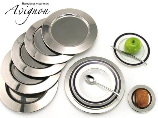Juego de platos de pan y mantequilla de acero inoxidable (12 piezas) Avignon, 6 paneras (14,5 cm), 6 bajoplatos (32 cm)