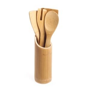 Juego de utensilios de bambú para cocina (6 piezas) Bamboo Natur, 1 bote de bambú con agujeros, colgable y con base estable, 5 cuchas de bambú