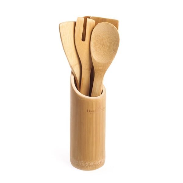 bambu-set-herramientas-tubo.jpg Juego de utensilios de bambú para cocina (6 piezas) Bamboo Natur, 1 bote de bambú con agujeros, colgable y con base estable, 5 cuchas de bambú