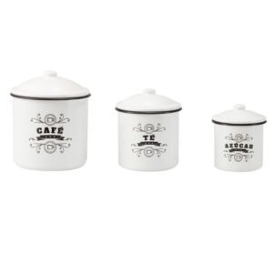 Juego de botes de cocina en acero esmaltado «Café», «Té» y «Azucar» (3 piezas) Palmoapalmo, 1 bote para café (120 cl), 1 bote para té (70 cl), 1 bote para azúcar (36 cl), diseño vintage
