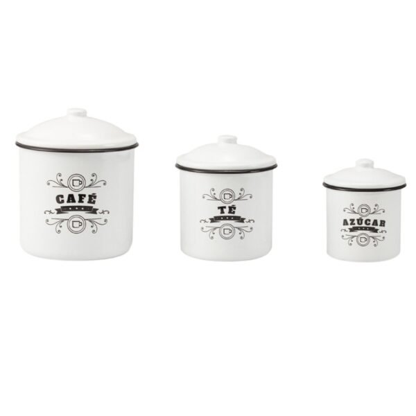 Juego de botes de cocina en acero esmaltado «Café», «Té» y «Azucar» (3 piezas) Palmoapalmo, 1 bote para café (120 cl), 1 bote para té (70 cl), 1 bote para azúcar (36 cl), diseño vintage