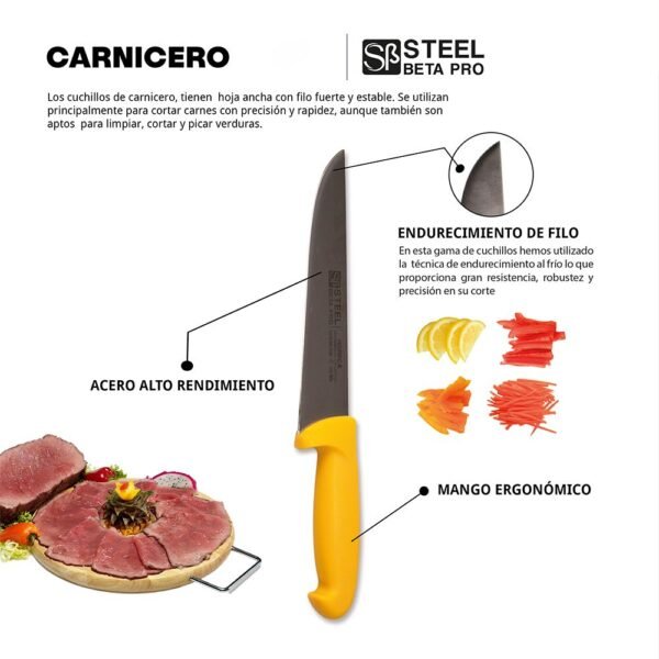 Juego de cuchillos de cocina en acero inoxidable de alto rendimiento (3 piezas) Steel Beta Pro, 3 cuchillos carniceros profesionales (20 cm, 25 cm y 30 cm), mango de polipropeno