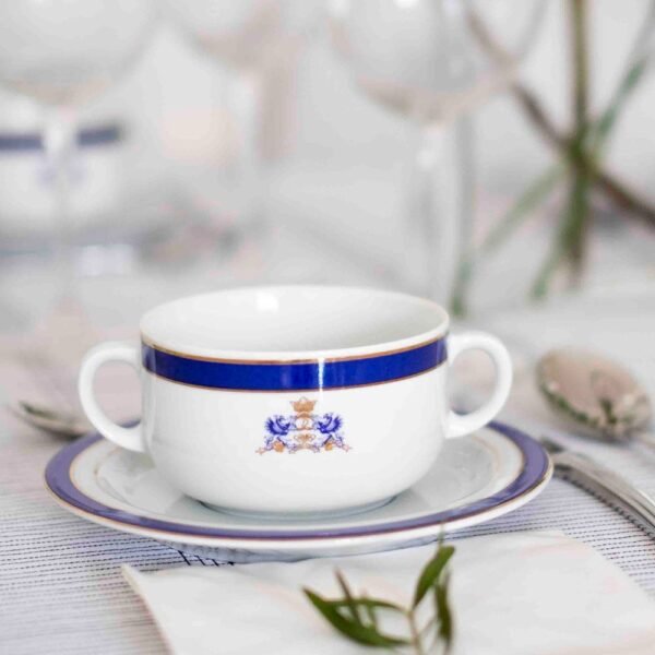 consome-duisburg_10.jpg Juego de boles consomé de porcelana blanca (24 piezas) Duisburg, 12 boles consomé con asas (35 cl), 12 platillos para tazas, azul cobalto y filo de oro
