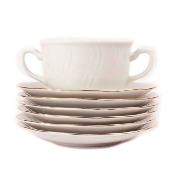 Juego de boles (24 piezas) consomé de porcelana blanca  Lubeck, 12 boles consomé con asas (35 cl), 12 platillos para tazas, con filo de oro