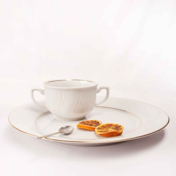 Juego de boles (24 piezas) consomé de porcelana blanca  Lubeck, 12 boles consomé con asas (35 cl), 12 platillos para tazas, con filo de oro