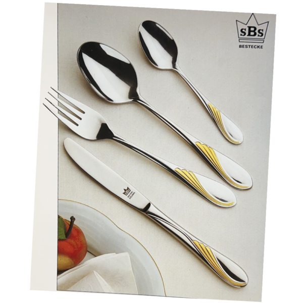 Cubertería en acero inoxidable CRC Nápoles 70 piezas  decorado en oro, servicio completo con piezas de servir, apta para lavavajillas