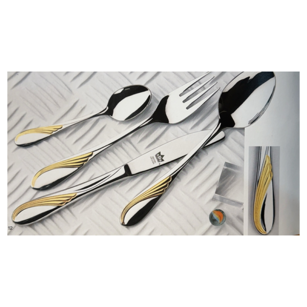 Cubertería en acero inoxidable CRC Nápoles 70 piezas  decorado en oro, servicio completo con piezas de servir, apta para lavavajillas